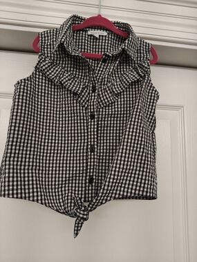 Bluezoo Girls' Black & White Gingham Tie-Front Sleeveless Shirt